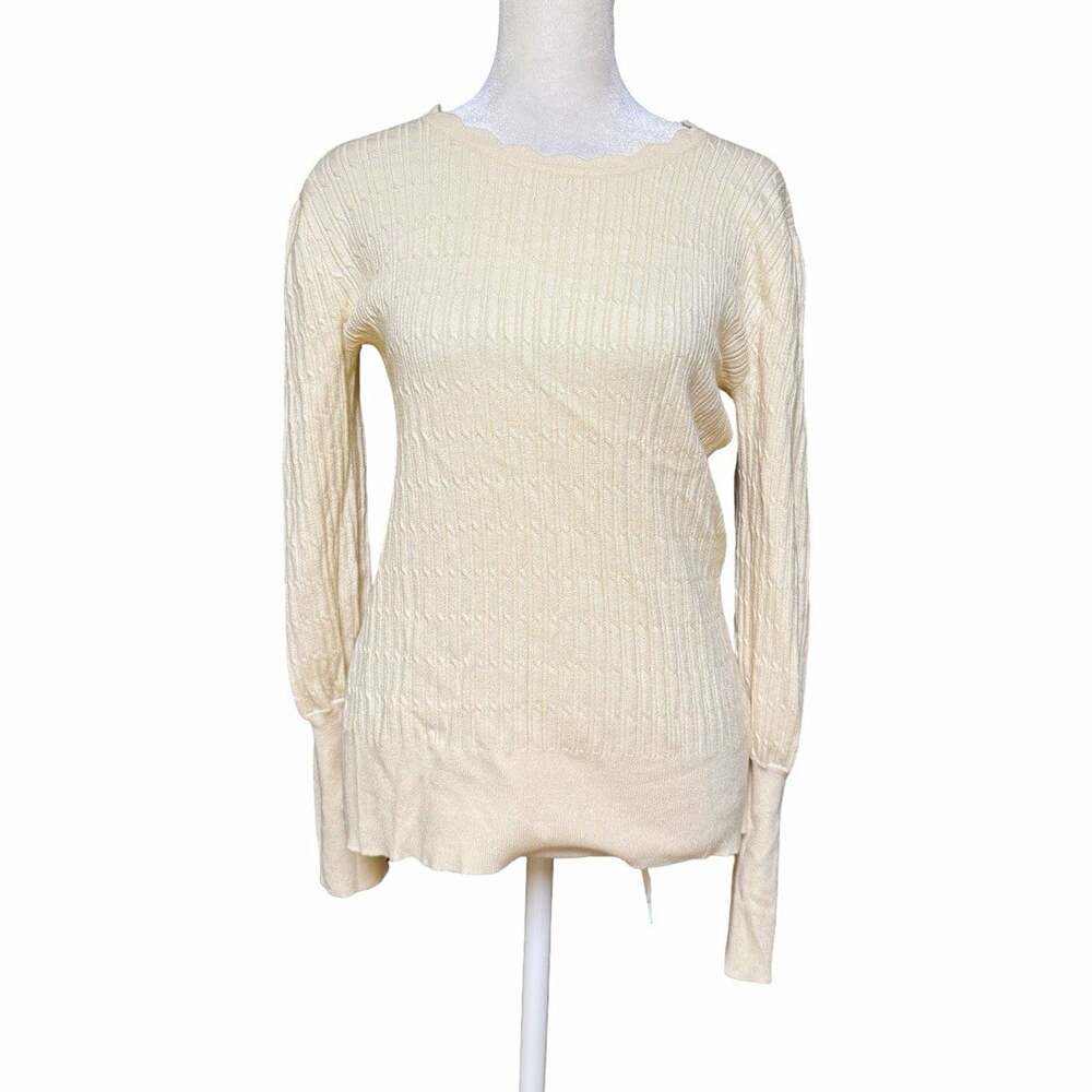 Adrianna Papell Ivory Ribbed Knit Crewneck Puff Sleeve Lightweight Sweater M